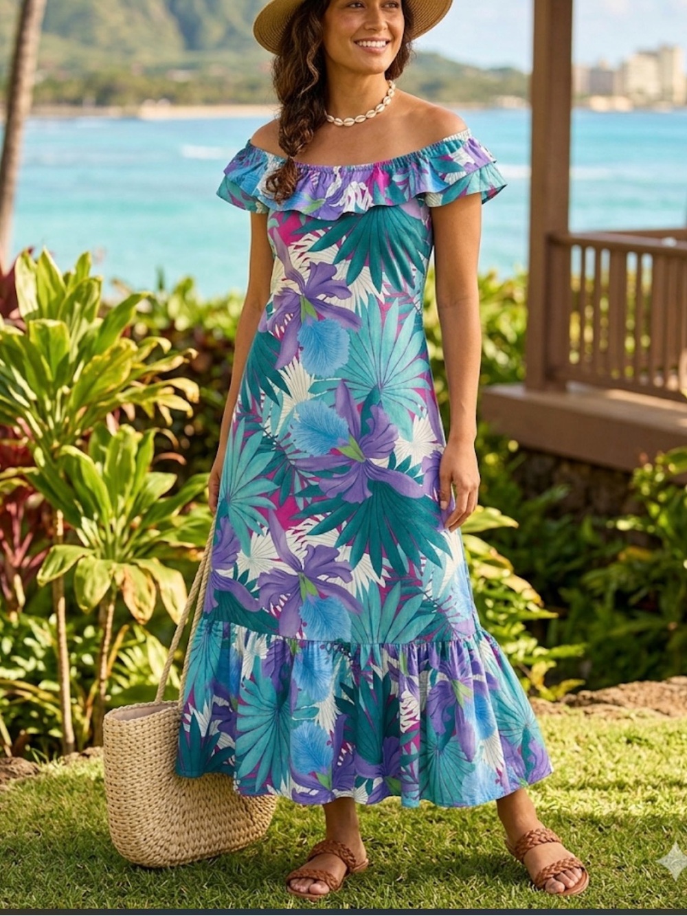 Vintage Hilo Hattie Purple Pink Teal Floral Print Ruffle Maxi Dress Sz Small